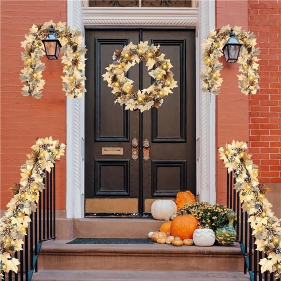 Fall Garland with Lights 6Ft Autumn Garland with Pumpkins Maple Leaves - Picture 5 of 8